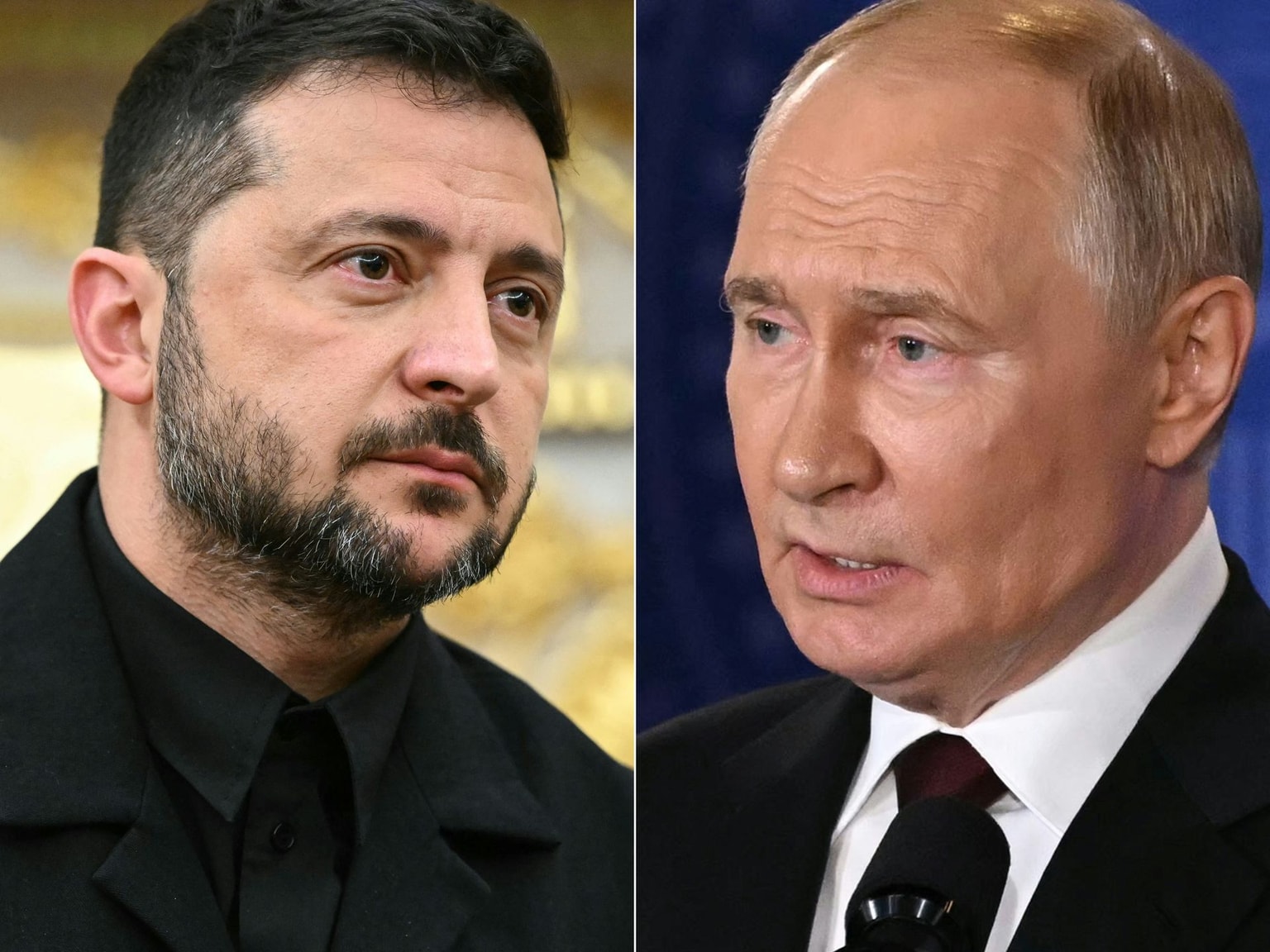 President Volodymyr Zelensky (L), Russian President Vladimir Putin (R). (Mandel Ngan and Andrew Caballero-Reynolds/AFP via Getty Images)