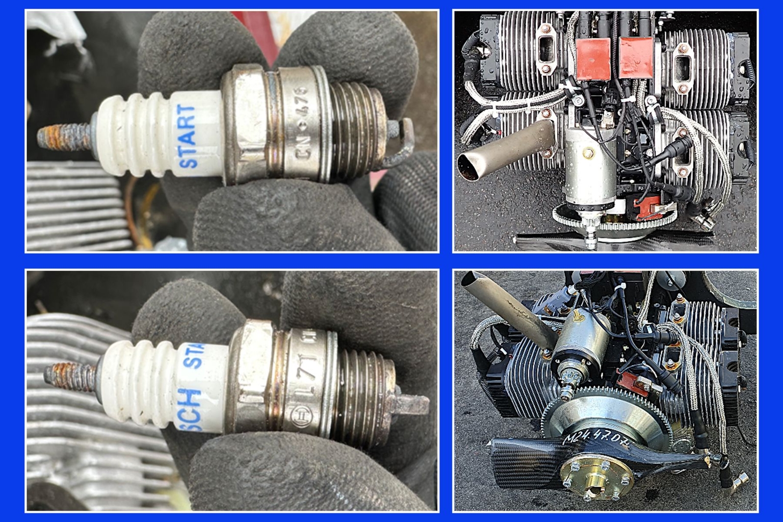 A Bosch spark plug (L) discovered in a Chinese-made engine MD550 (R) from a Geran-2 produced by the Kupol plant, Russia. The drone landed in Ukraine in 2025.