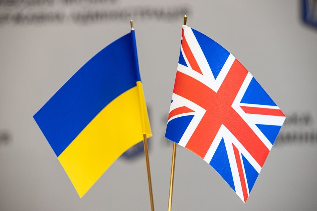 The flag of Ukraine and the flag of Great Britain are seen next to each other on Dec. 9, 2022 in Kyiv, Ukraine. (Oleksii Samsonov/Global Images Ukraine via Getty Images)