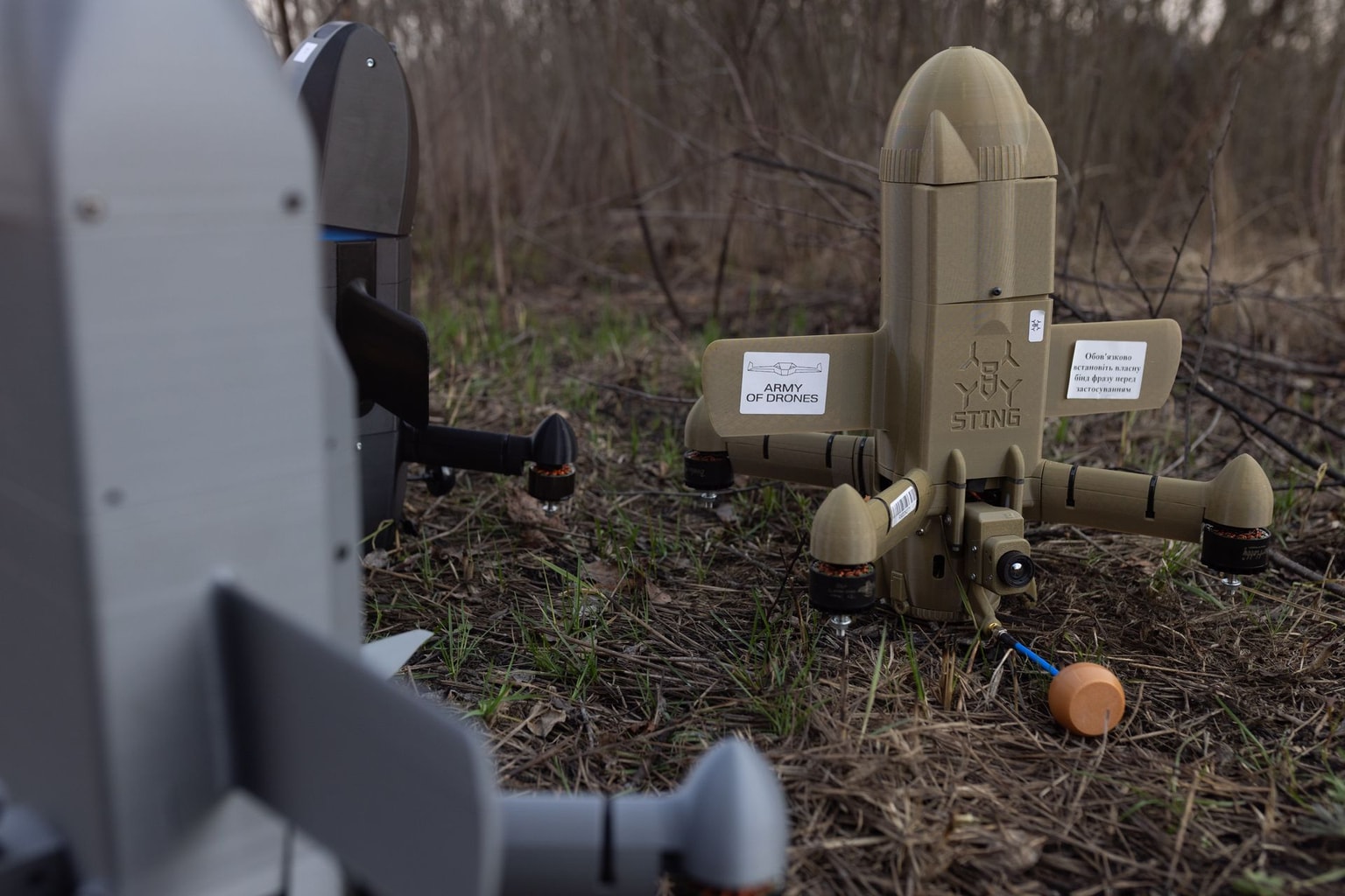 The Ukrainian-made "Sting" and 'Salut' interceptor drone, as well as a new Ukrainian-made interceptor drone whose name has not yet been announced are seen on March 31, 2026 in Kharkiv, Ukraine. (Nikoletta Stoyanova/Getty Images)