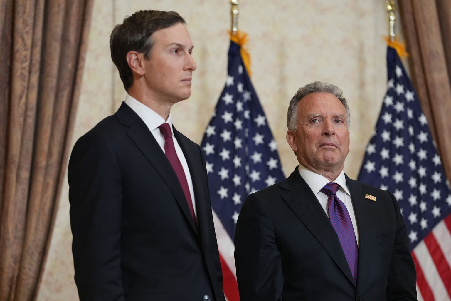 Jared Kushner, left, and Steve Witkoff, Special Envoy for Peace Missions, on April 12, 2026, in Islamabad, Pakistan. (Jacquelyn Martin - Pool/Getty Images)