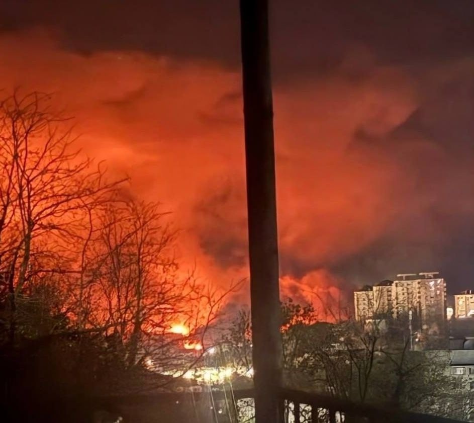 Smoke and flame fill the sky over the Russian port city of Tuapse in Krasnodar Krai after a reported Ukrainian drone attack on April 16, 2026. (Exilenova-Plus / Telegram)