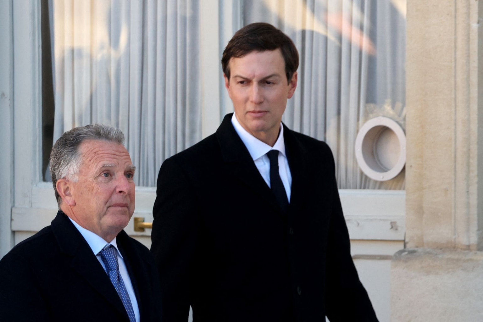 US special envoy Steve Witkoff (L) and US President's son-in-law and businessman Jared Kushner arrive at the Elysee Palace in Paris, on Jan. 6, 2026. (Ludovic Marin / AFP via Getty Images)
