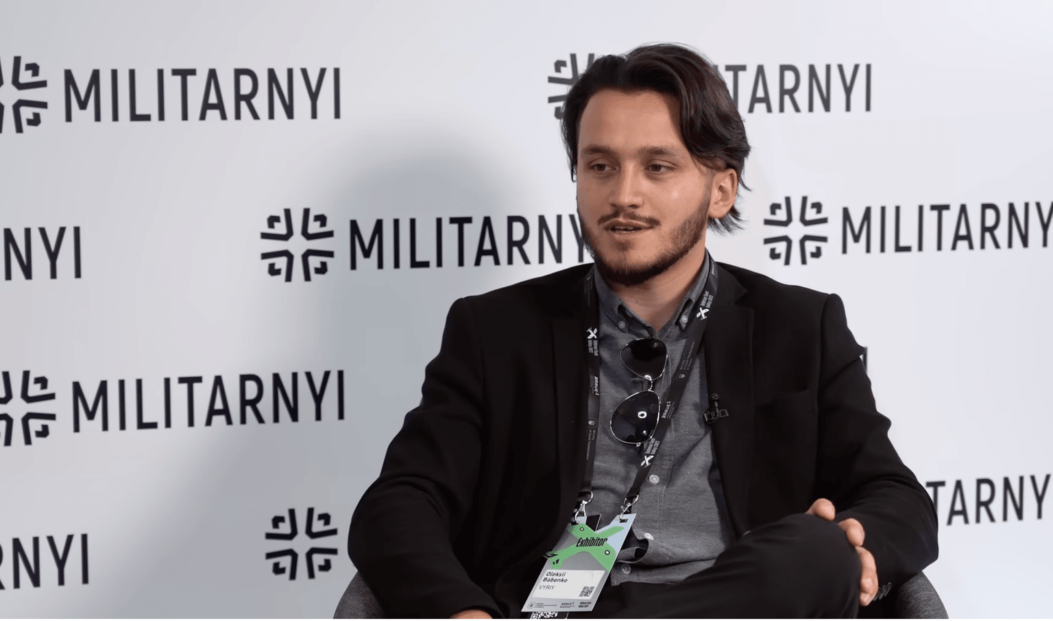 Vyriy Industries CEO and co-founder Oleksii Babenko speaking to YouTube channel Militaryni at the Defense Tech Valley 2025 in Lviv, Ukraine on Sept. 19, 2025. (Militaryni / YouTube)