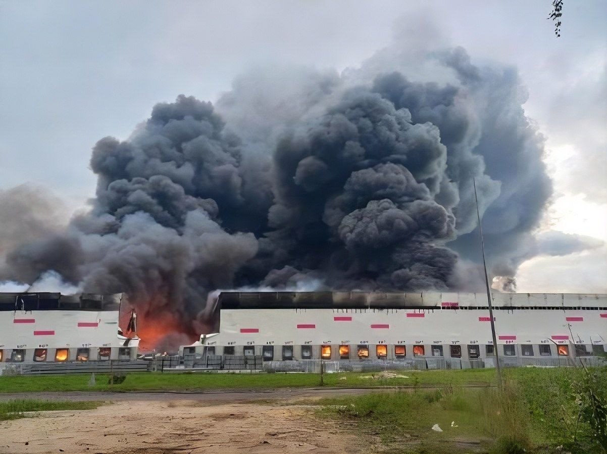 The photo purportedly depicts a massive fire at a Wildberries warehouse complex in Ryazan, Russia, following a Ukrainian drone attack on July 29, 2026. (Exilenova-Plus / Telegram)