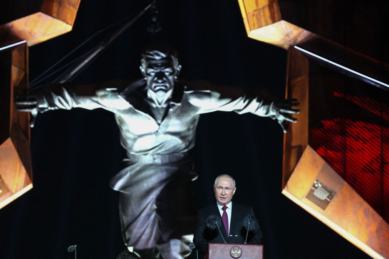 Russian President Vladimir Putin addresses the audience in Kursk, Russia, on Aug. 23, 2023. 