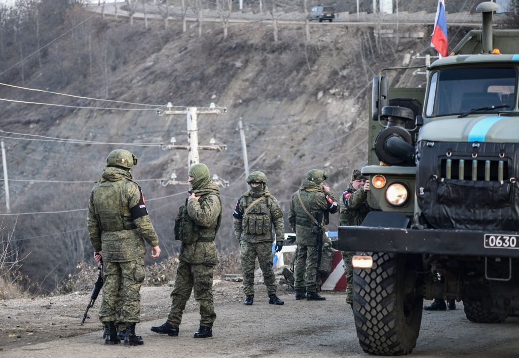 Russian soldiers are deployed at the Lachin corridor, Nagorno-Karabakh region’s only land link with Armenia, in Nagorno-Karabakh, on Dec. 26, 2022.
