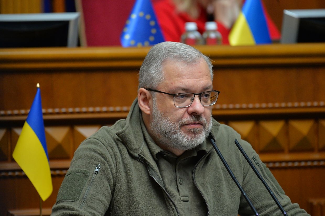 Herman Halushchenko, then-Energy Minister, delivers a speech in the session hall of the Verkhovna Rada in Kyiv, Ukraine, on Oct. 6, 2023.