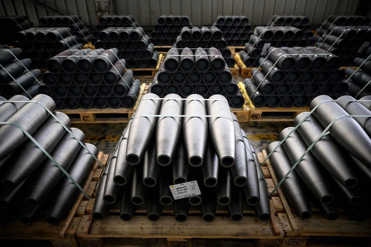 Shells are seen at the Forges de Tarbes workshop, which produces 155mm munitions for French Caesar artillery, in Tarbes, southwestern France, on April 4, 2023.
