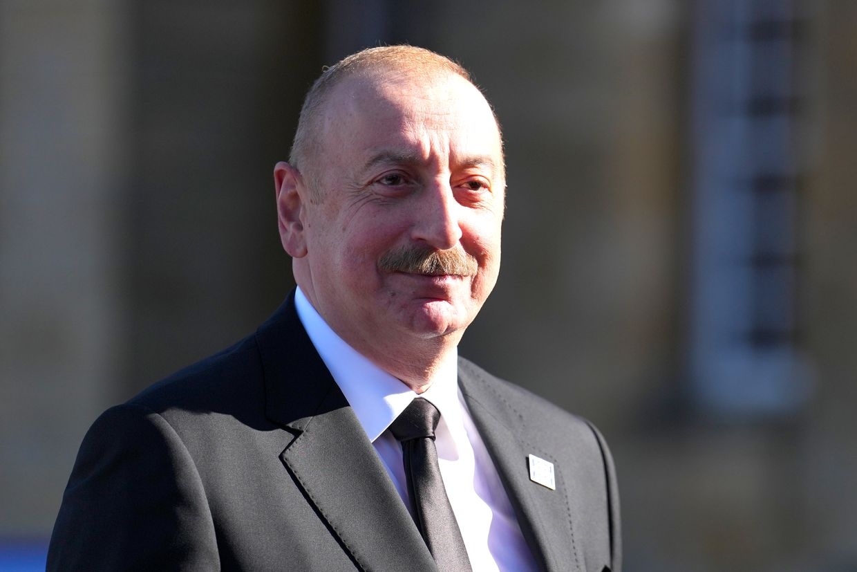 President of Azerbaijan Ilham Aliyev talks to the press at the European Political Community Summit in Woodstock, England, on July 18, 2024