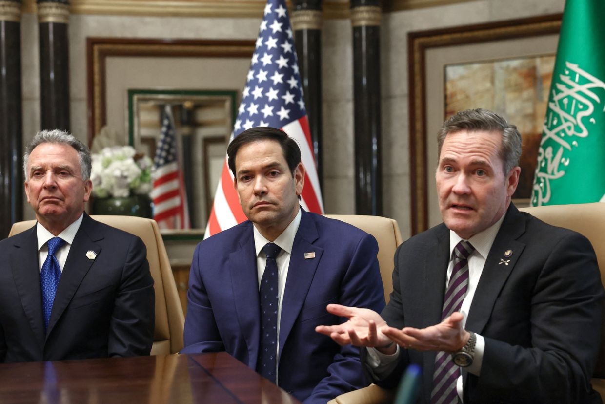 U.S. Secretary of State Marco Rubio, National Security Advisor Mike Waltz, and Middle East envoy Steve Witkoff attend an interview after meeting Russian officials at Diriyah Palace in Riyadh, Saudi Arabia, on Feb. 18, 2025. 