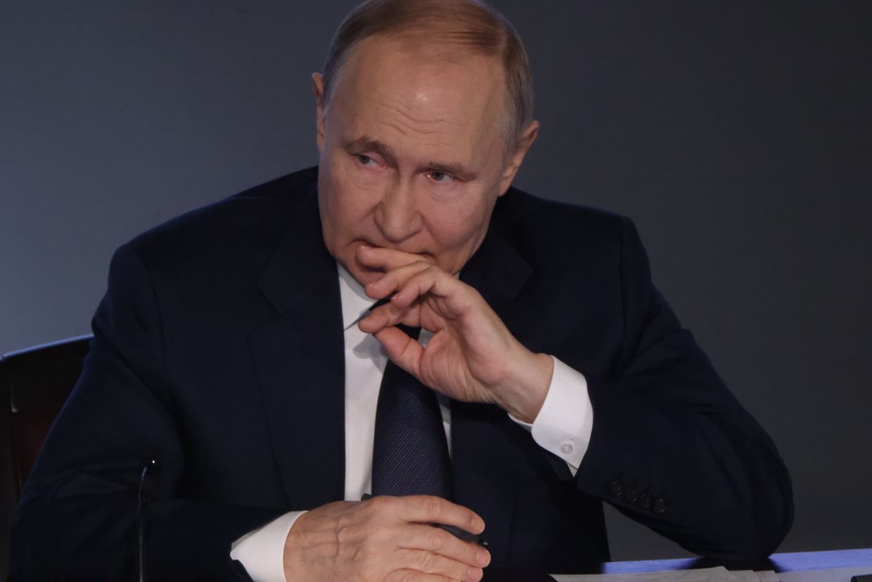 Russian President Vladimir Putin grimaces during the Expanded Board of the Ministry in Moscow, Russia, on March 5, 2025.