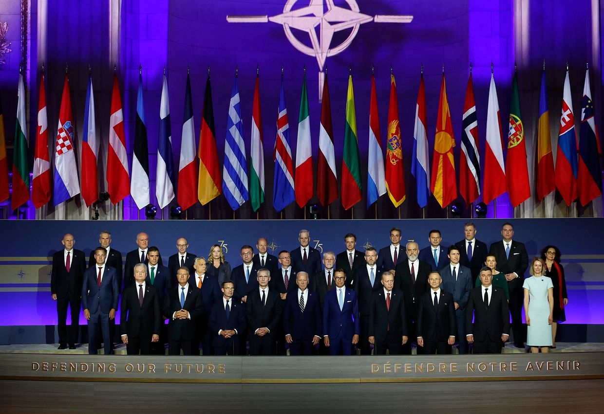 Heads of state pose for a group photo during NATO’s 75th anniversary celebration at the Andrew Mellon Auditorium in Washington, DC, U.S. on July 9, 2024.