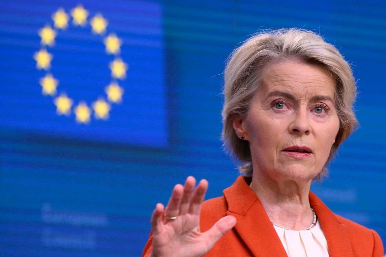 European Commission President Ursula von der Leyen gestures during a closing press conference at the end of an EU summit in Brussels on Oct. 17, 2024. 