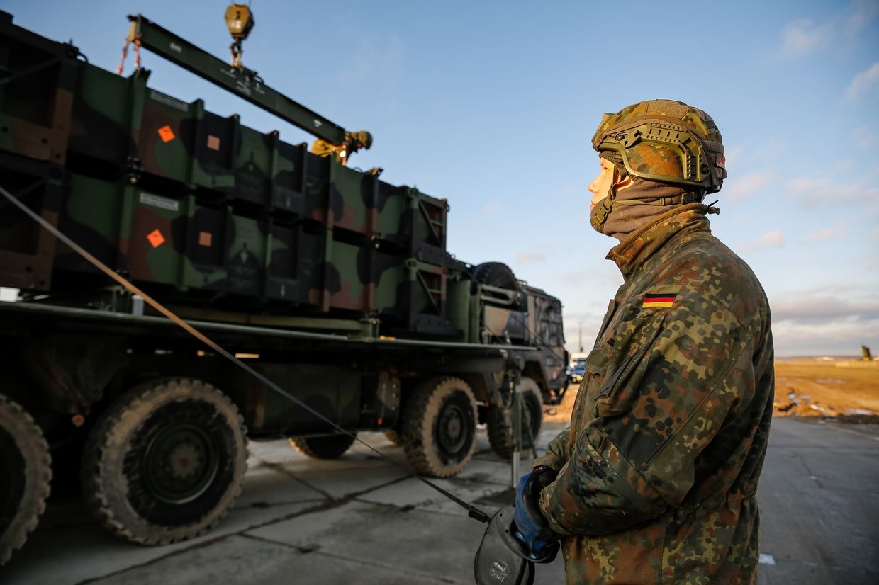 German servicemen transport MIM-104 Patriot air defense systems in Jasionka near Rzeszów, Poland, on Jan. 23, 2025.