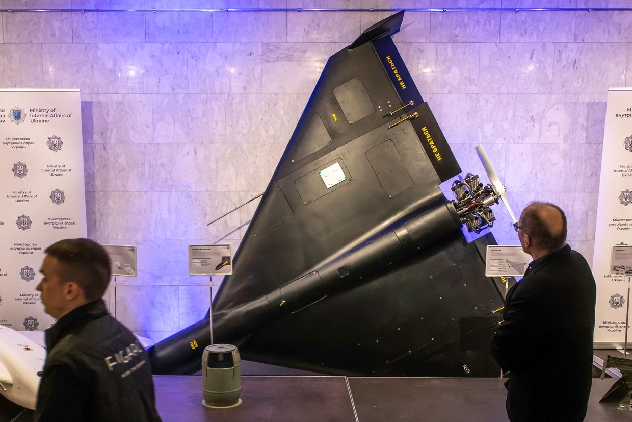 The Iranian-made unmanned aerial vehicle Shahed-136 warhead, used by Russia as the Geran-2, is seen on display at an exhibition in Kyiv, Ukraine, on Feb. 24, 2025.