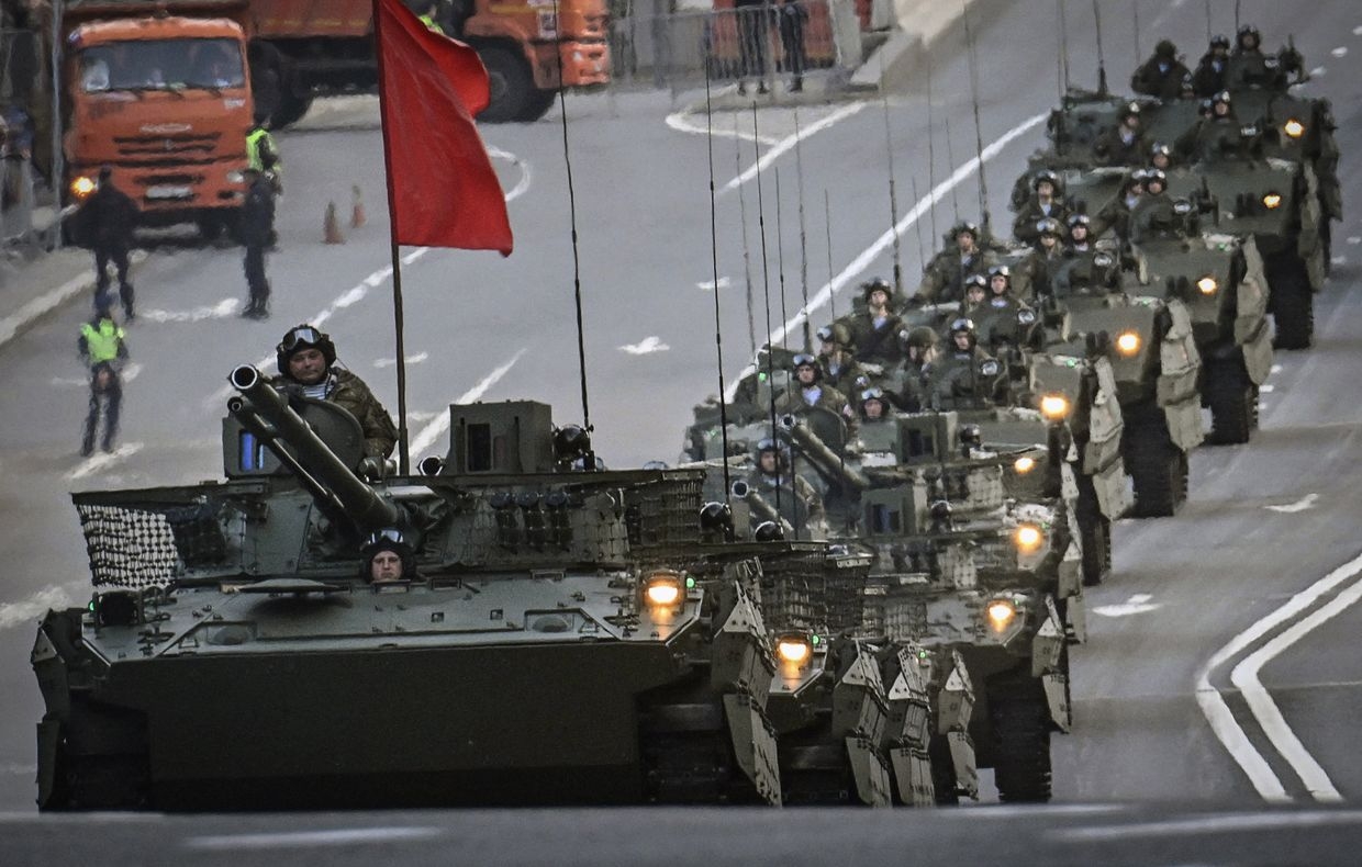 A Russian army tank drives through central Moscow, Russia, during a rehearsal for the Victory Day parade on May 3, 2025. A Russian army tank drives through central Moscow, Russia, during a rehearsal for the Victory Day parade on May 3, 2025. 