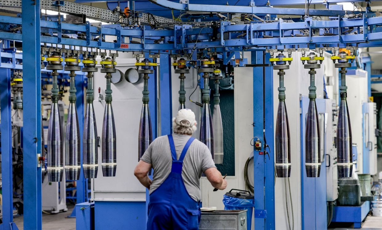 A technician works on 155mm shells for the Panzerhaubitze 2000 howitzer at Rheinmetall’s facility in Unterlüß, Germany, on June 6, 2023.