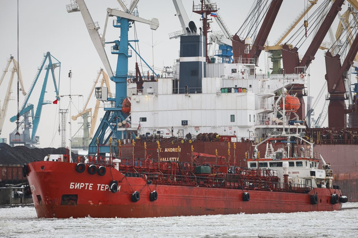 The oil and chemical tanker Birthe Theresi sails along canal in St. Petersburg, Russia, on Feb. 12, 2025. 