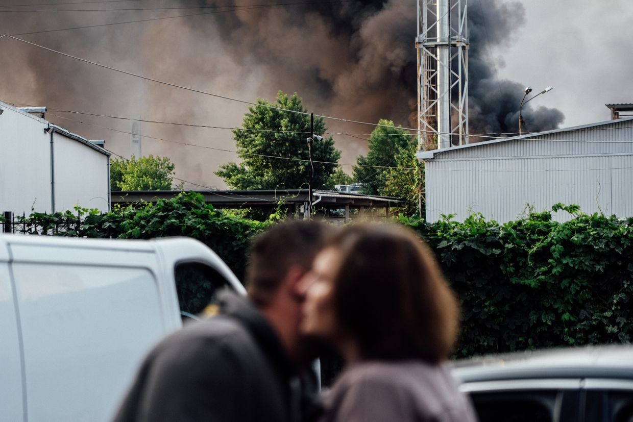 Smoke rises after a Russian missile and drone attack in Kyiv, Ukraine, on June 10, 2025. 