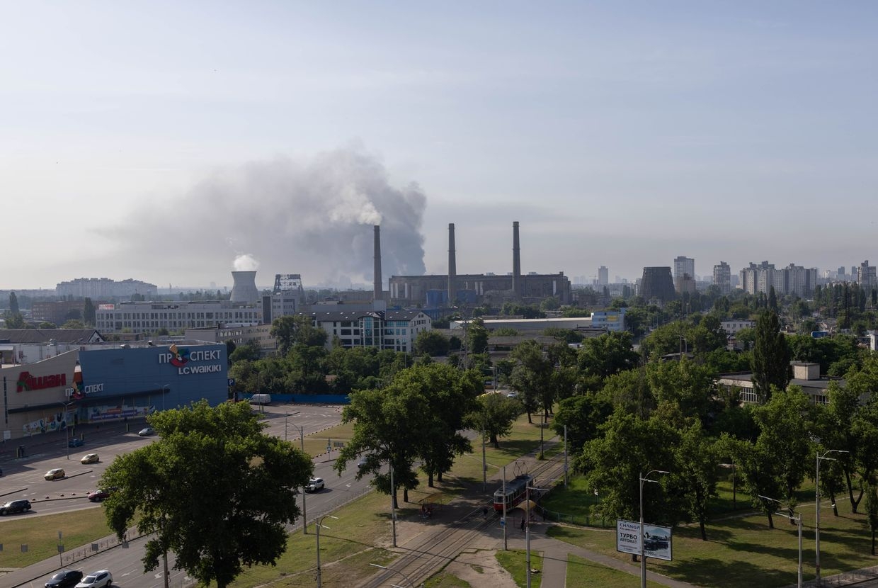 Smoke rises over Kyiv, Ukraine, after a combined Russian drone and missile attack on June 17, 2025. 