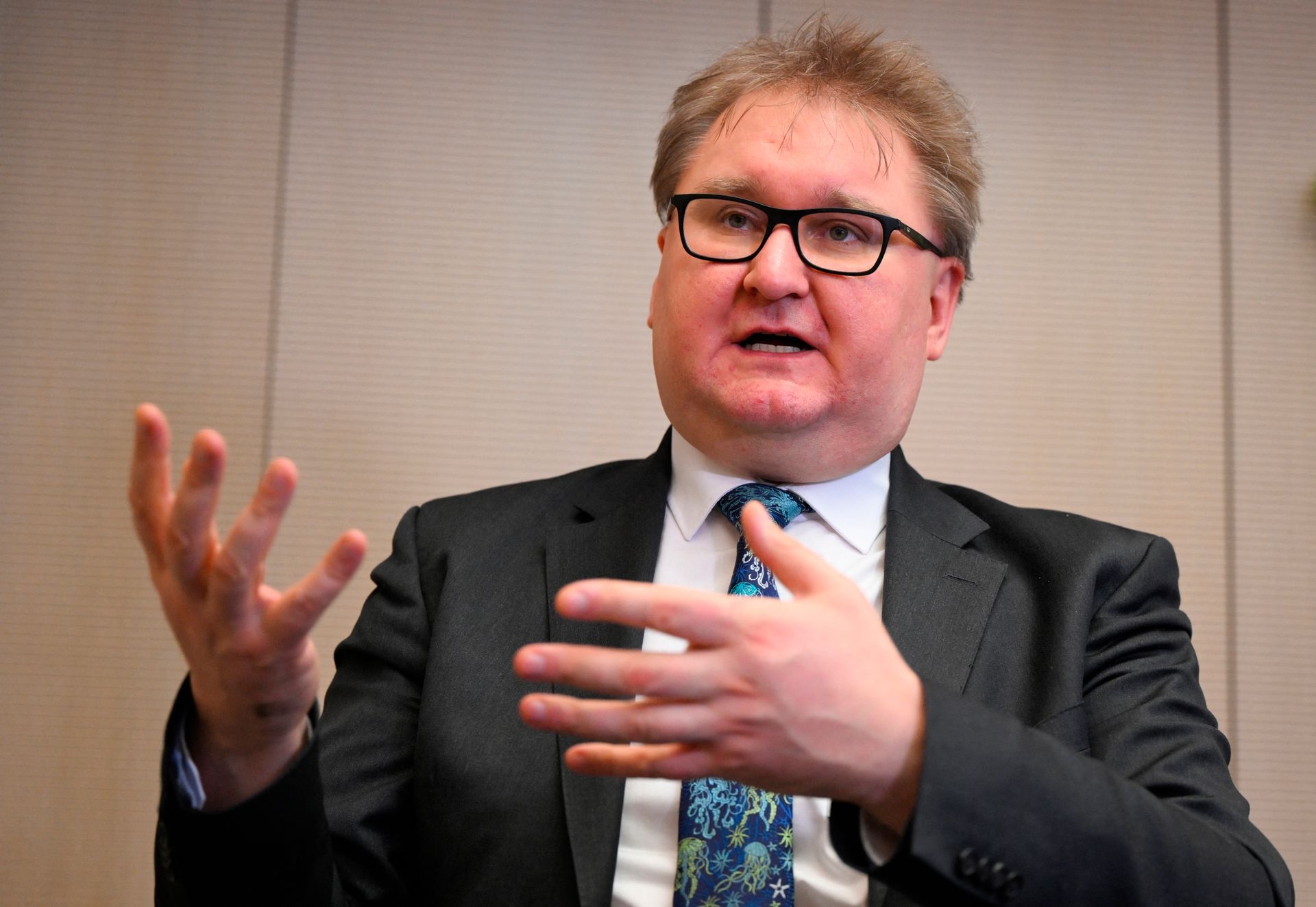Taras Kachka, then-Ukraine’s deputy economy minister and trade representative, gestures during an interview in Brussels, Belgium, on March 4, 2024.