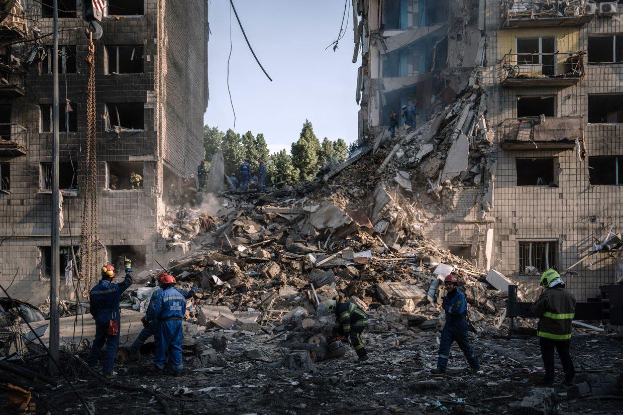 Wreckage after Russian air strike on a residential building in Kyiv, Ukraine, on June 17, 2025. 