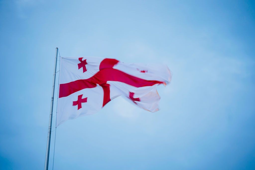 The Georgian national flag flying on March 24, 2023, in Tbilisi, Georgia.