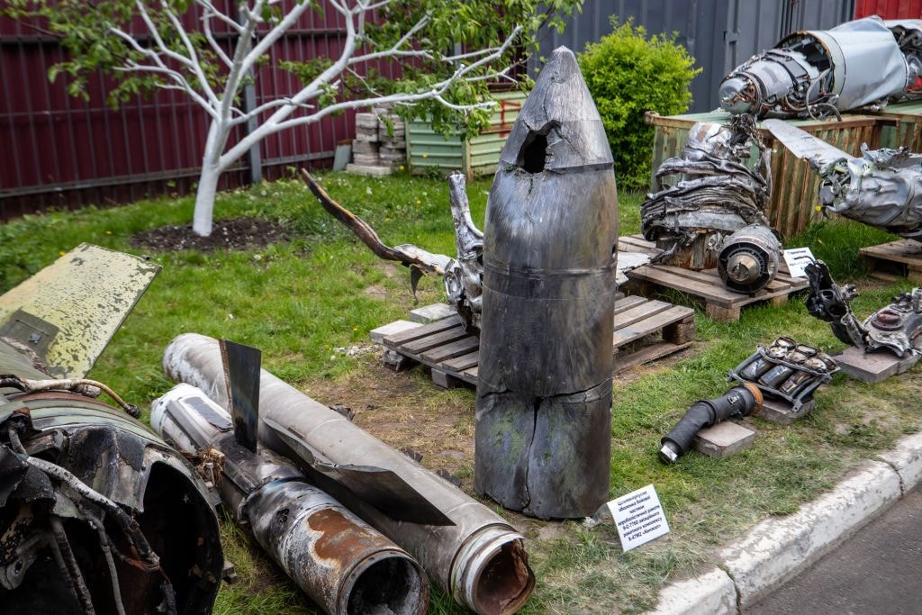 The remains of a Russian Kh-47M2 Kinzhal missile are at an exhibition showing the remains of missiles and drones that Russia used to attack Kyiv, Ukraine on May 12, 2023. (Oleksii Samsonov /Global Images Ukraine via Getty Images)