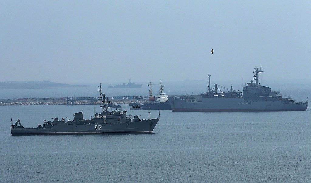 Russian warships, part of a blockade of Ukrainian ships, are viewed in Sevastopol harbor on March 7, 2014 in Sevastopol, Crimea, Russian-occupied Ukraine. (Spencer Platt/Getty Images)