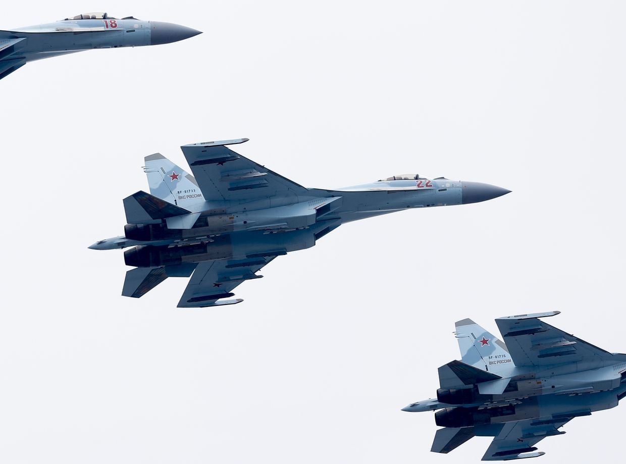 Illustrative purposes only: Sukhoi Su-35S aircraft perform during the 76th anniversary of Victory Day in the Red Square in Moscow, Russia on May 9, 2021. (Sefa Karacan/Anadolu Agency via Getty Images)