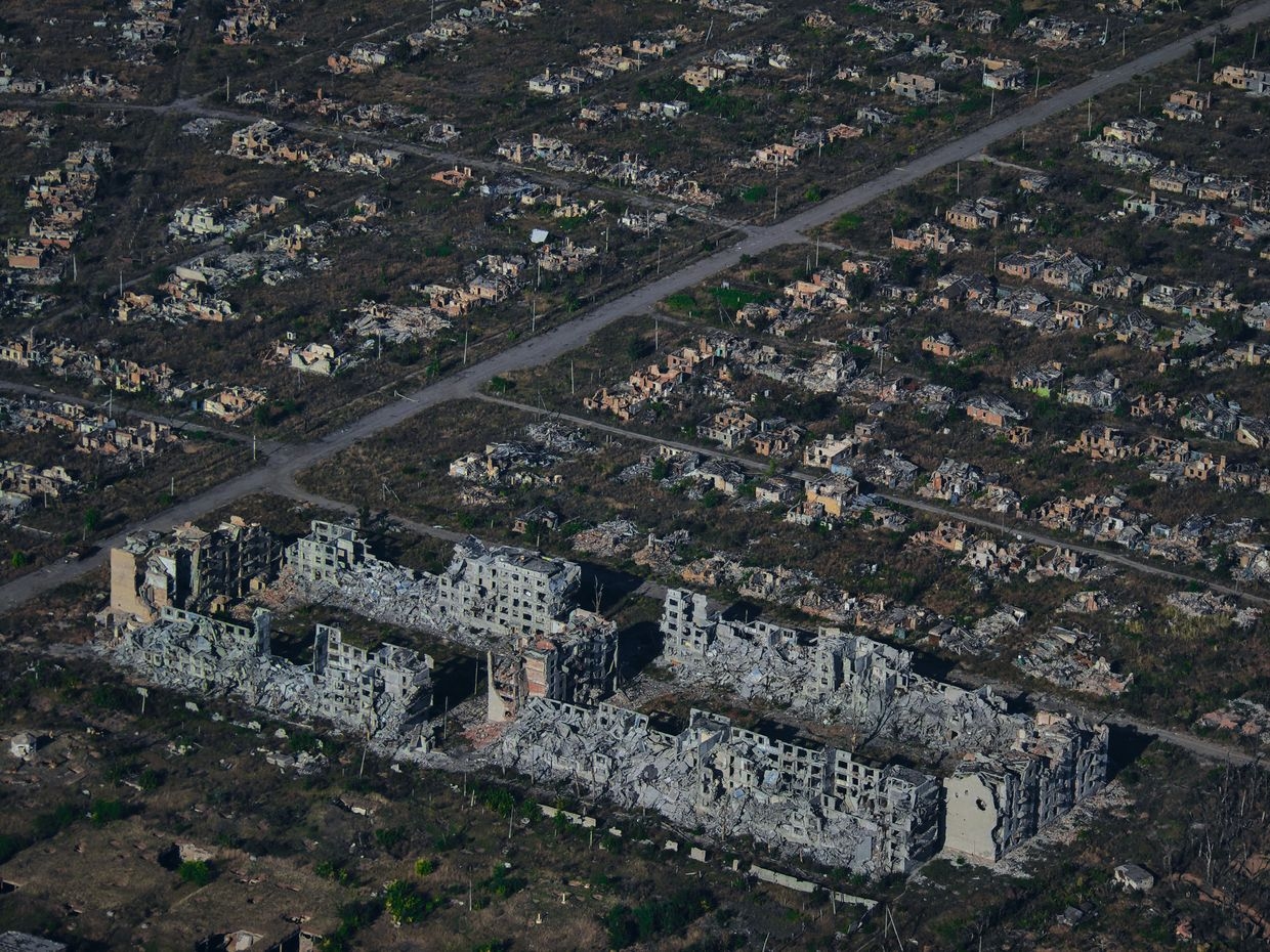 An aerial view shows the city of Bakhmut, Ukraine, totally destroyed by heavy battles, on Sept. 27, 2023.