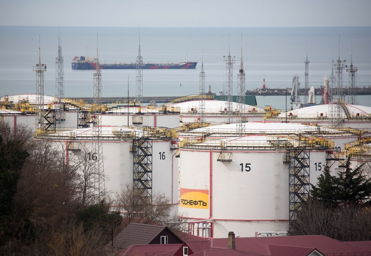 Illustrative image: Oil storage tanks stand at the RN-Tuapsinsky refinery, operated by Rosneft Oil Co., as a tanker sails beyond in Tuapse, Russia, on March 23, 2020. (Andrey Rudakov/Bloomberg via Getty Images)