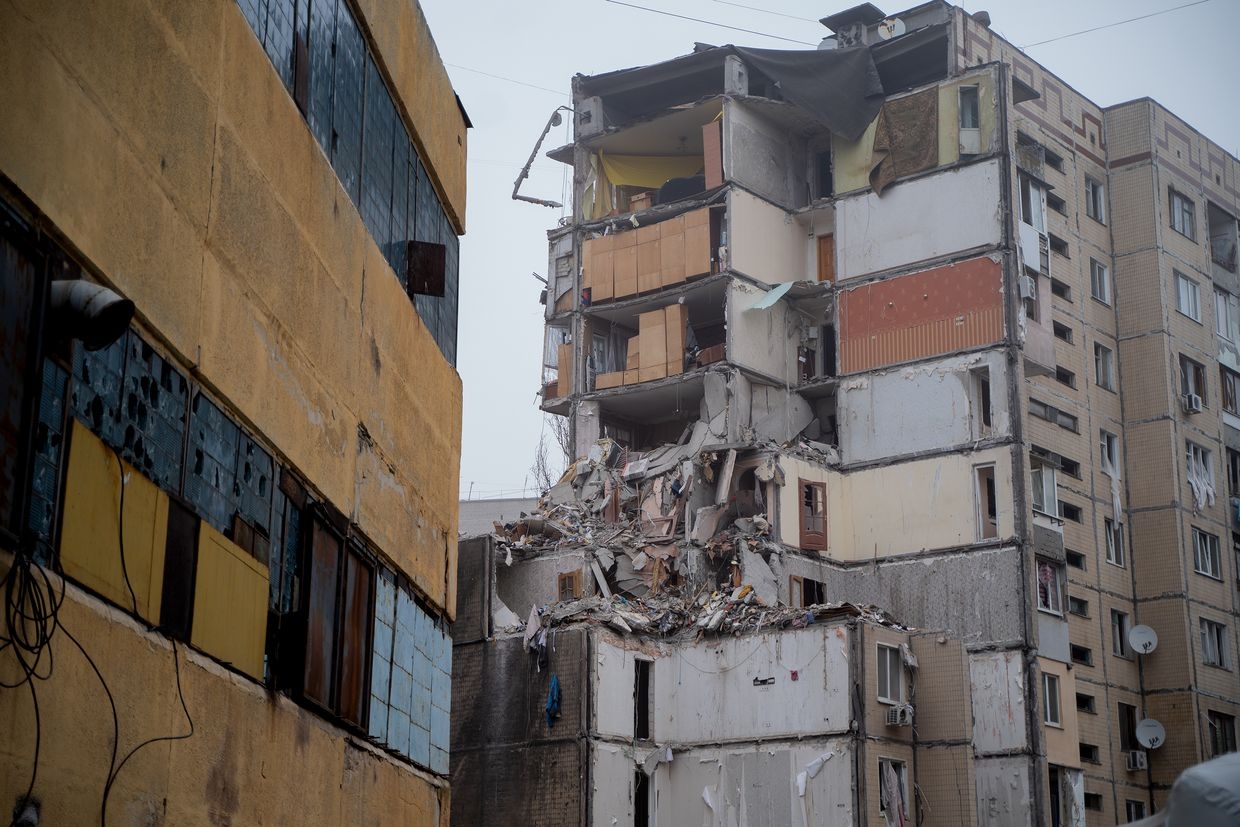 A residential building is partially collapsed after a Russian drone attack in Odesa, Ukraine, on March 5, 2024.