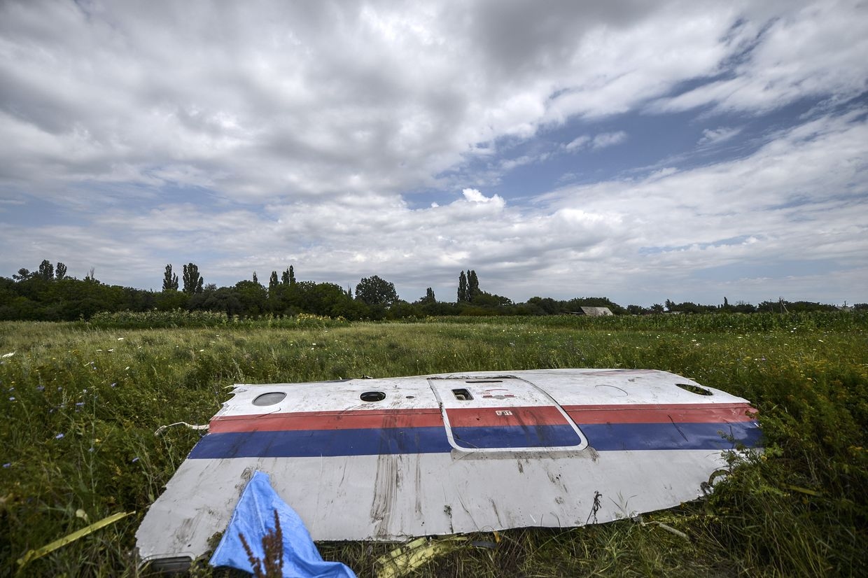 A piece of the wreckage of the Malaysia Airlines flight MH17 is pictured in a field near the village of Hrabove