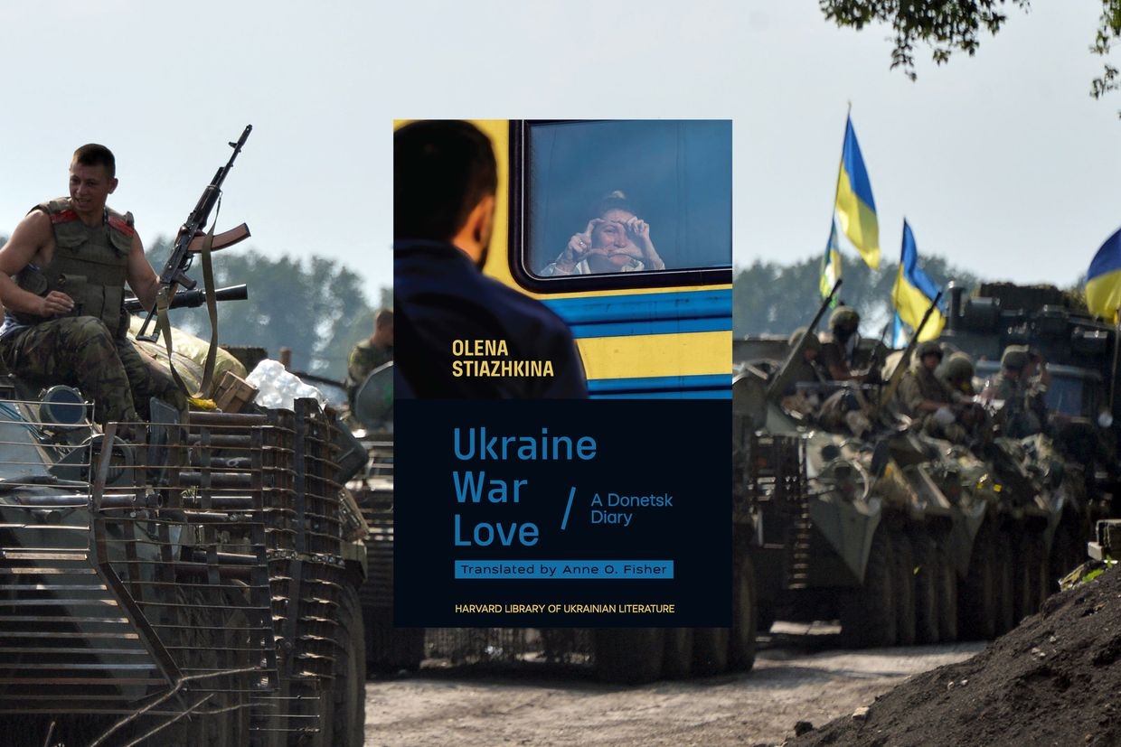 The collage of the cover of Olena Stiazhkina's “Ukraine, War, Love” and the photo of Ukrainian servicemen sitting atop armored personnel carriers (APC) traveling near Sloviansk, Ukraine, on July 11, 2014.