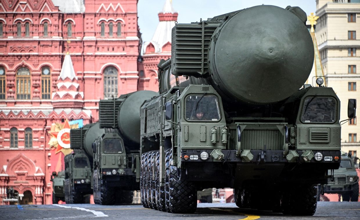 Russian Yars intercontinental ballistic missile launchers roll on Red Square during the Victory Day military parade in central Moscow, Russia on May 9, 2024. (Alexander Nemenov / AFP via Getty Images)