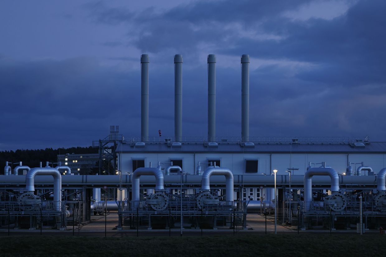 The receiving station for the Nord Stream 2 gas pipeline stands at twilight near Lubmin, Germany, on Feb. 2, 2022.
