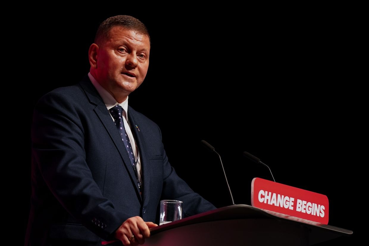 Ukraine's Ambassador to the U.K., Valerii Zaluzhnyi, addresses delegates during the first day of the Labor Party conference on Sept. 22, 2024, in Liverpool, England. (Ian Forsyth/Getty Images)