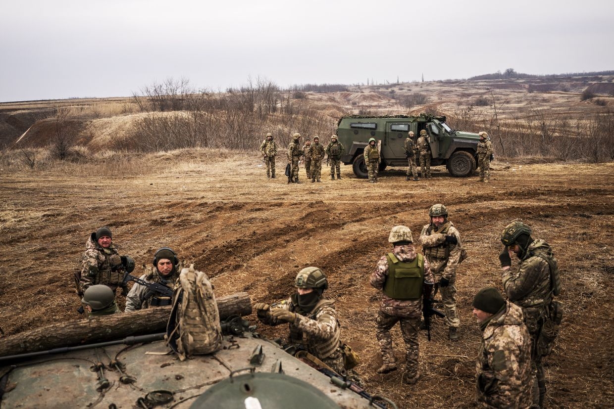 Ukrainian soldiers attend military training in areas near the front line in Donetsk Oblast, Ukraine, on March 15, 2024.