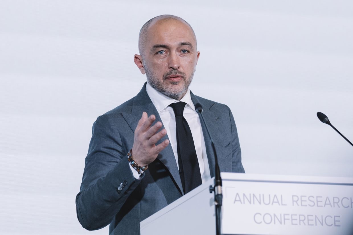 Andriy Pyshnyi, chairman of Ukraine's National Bank, speaks at the 8th NBU-NBP Annual Research Conference in Kyiv, Ukraine, on June 21, 2024. (Andrew Kravchenko/Bloomberg via Getty Images)