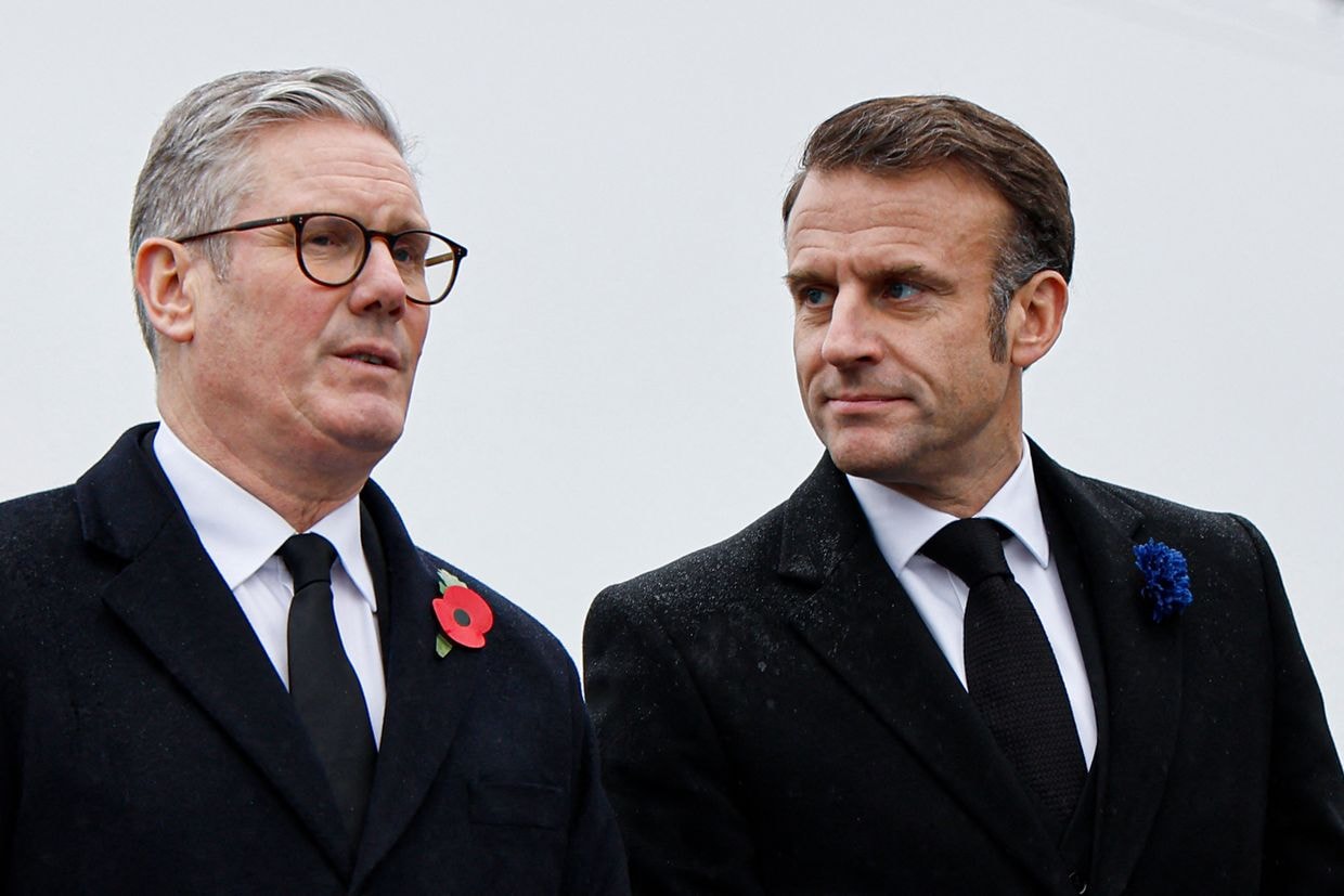 French President Emmanuel Macron, right, and British Prime Minister Keir Starmer in Paris, France, on Nov. 11, 2024. (Ludovic Marin / POOL / AFP via Getty Images)