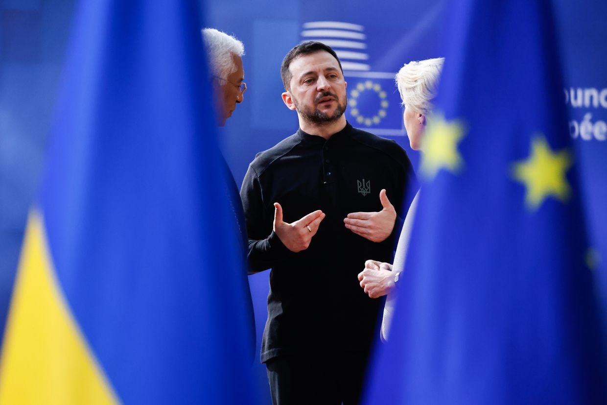 Antonio Costa (L), President Volodymyr Zelensky (C), and Ursula von der Leyen (R), in Brussels, Belgium, on March 6, 2025.