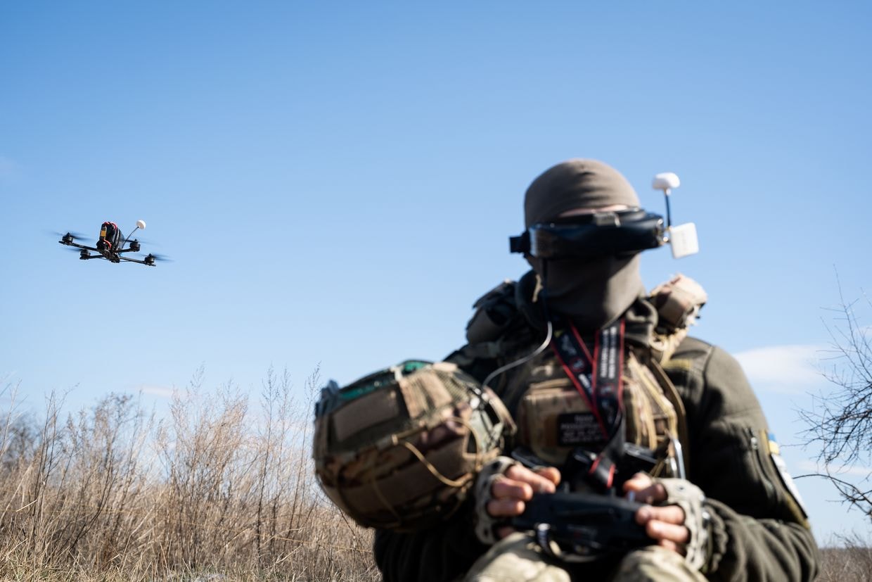 Photo for illustrative purposes. A Ukrainian soldier flies an FPV drone in Kharkiv Oblast, Ukraine, on March 19, 2025. (Alfons Cabrera/NurPhoto via Getty Images)