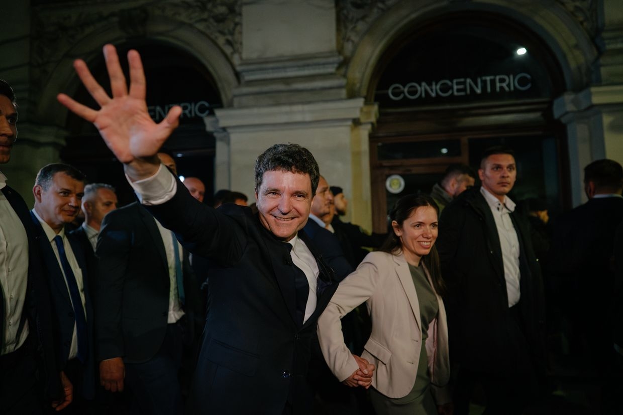 Then-presidential candidate Nicușor Dan and his partner Mirabela Grădinaru in Bucharest, Romania, on May 19, 2025.