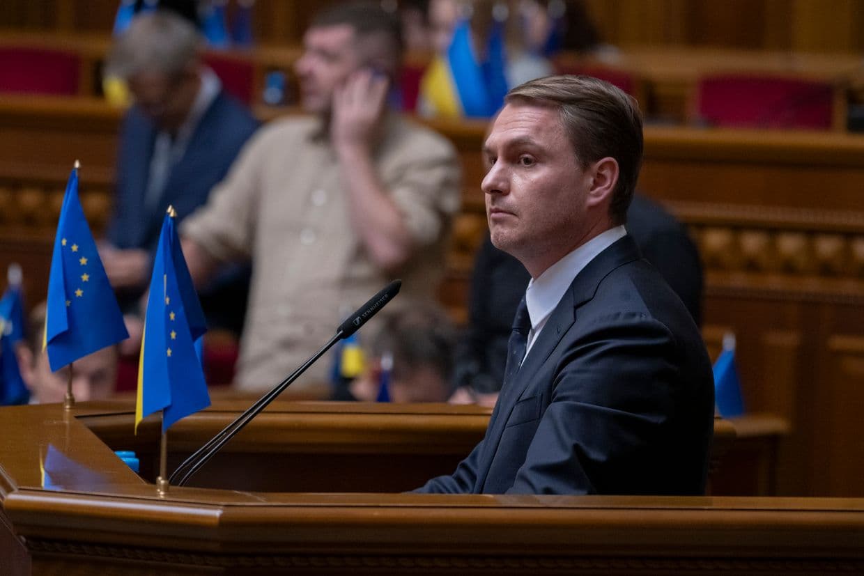 then-prosecutor Ruslan Kravchenko speaks during a plenary session of the Verkhovna Rada in Kyiv, Ukraine, on June 17, 2025.