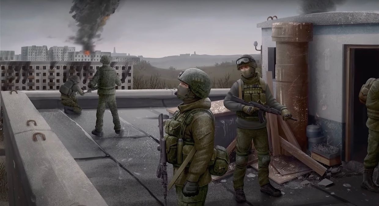 Artwork from Squad 22: ZOV depicts Russian troops overlooking a burning Ukrainian city.
