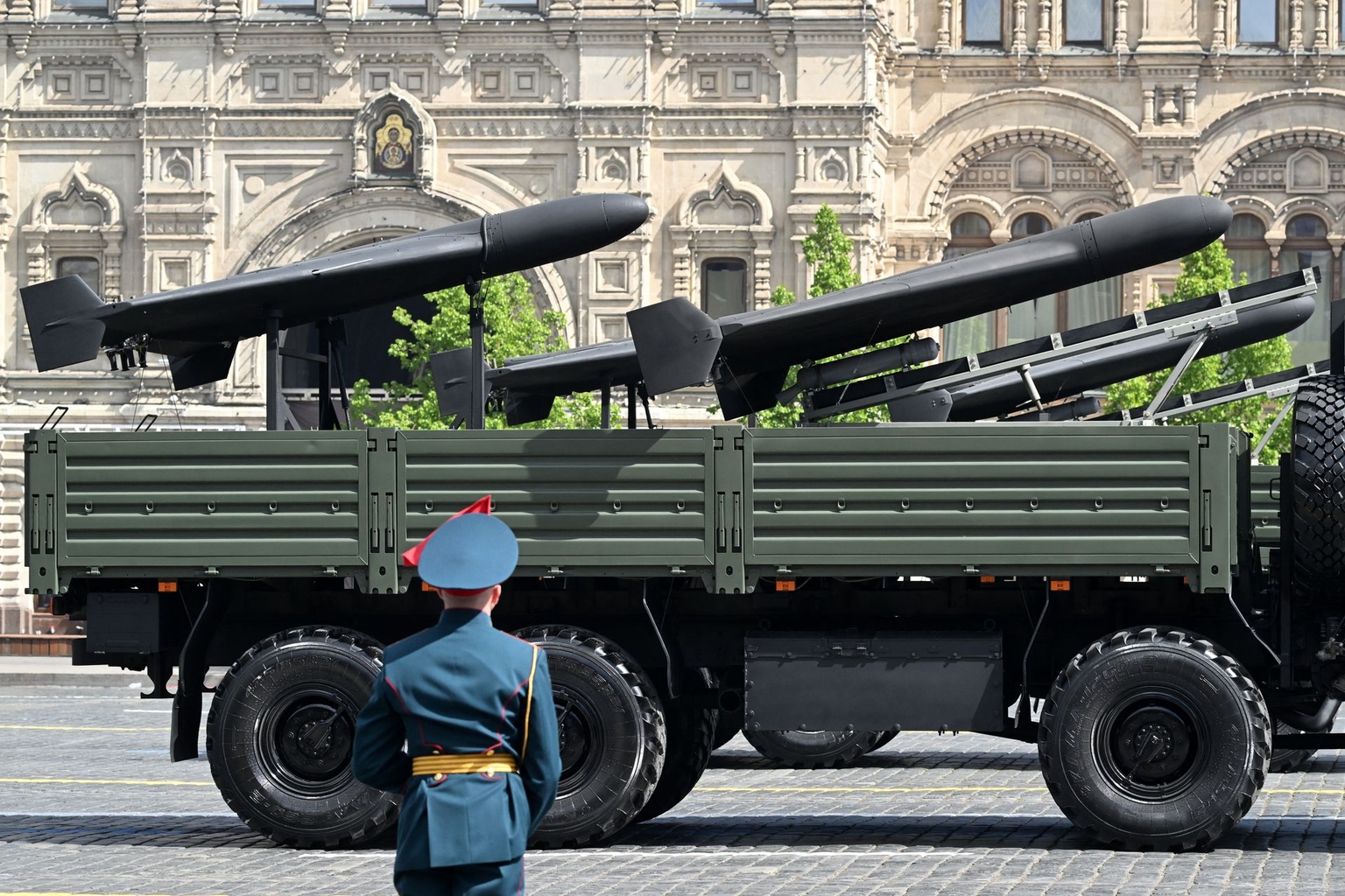 A Russian military truck transports Geran-2 drones across Red Square during a Victory Day parade in Moscow, Russia, on May 9, 2025.