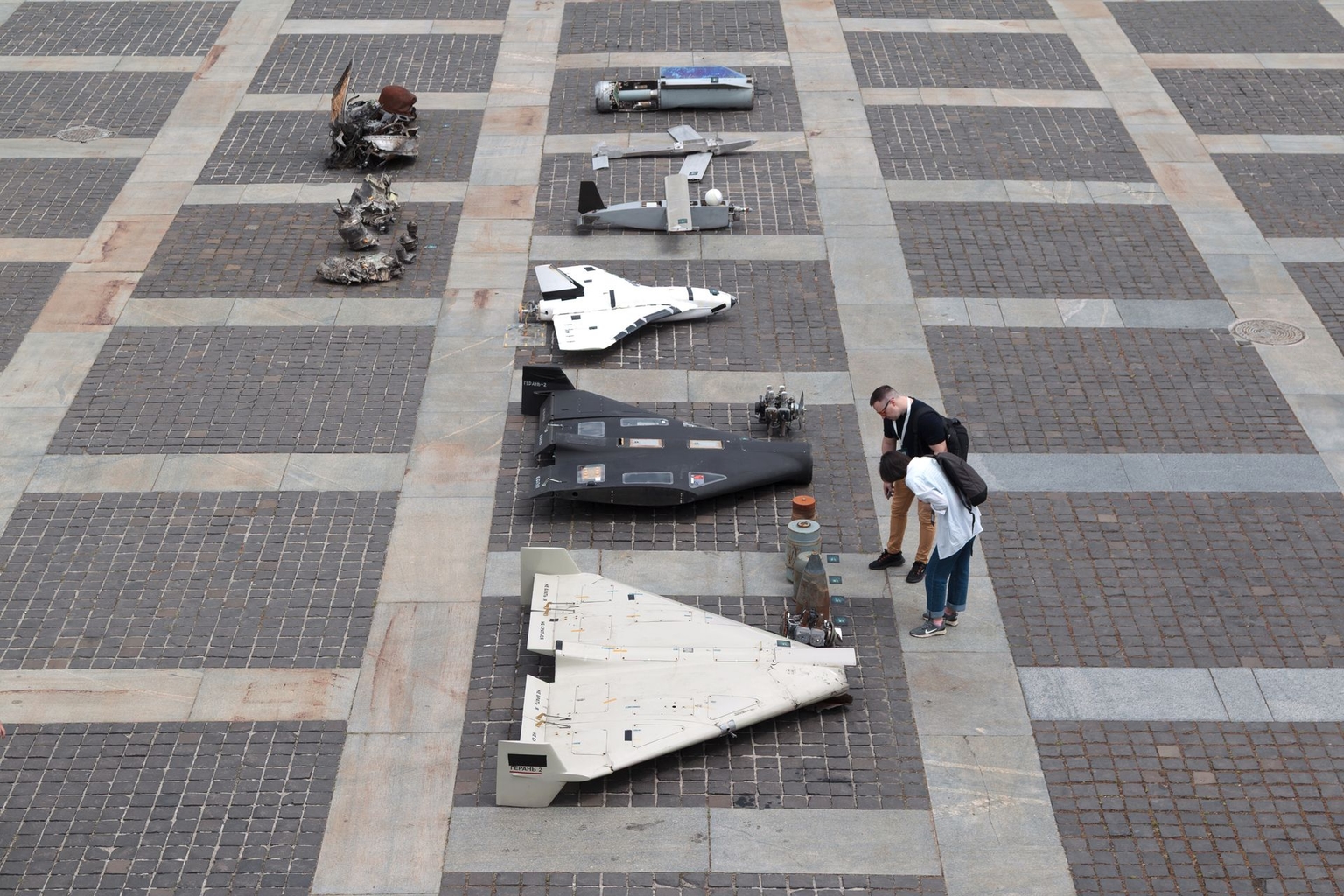 An exhibition of downed Russian UAVs containing imported components in Kyiv, Ukraine, on June 27, 2025.