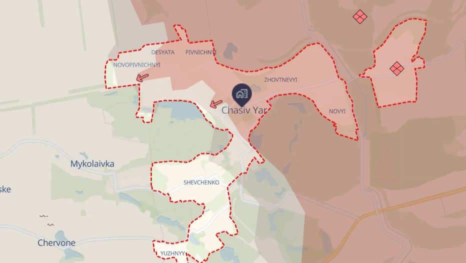 An estimated Russian advance (red) in Chasiv Yar, Donetsk Oblast, Ukraine, as of July 30, 2025.